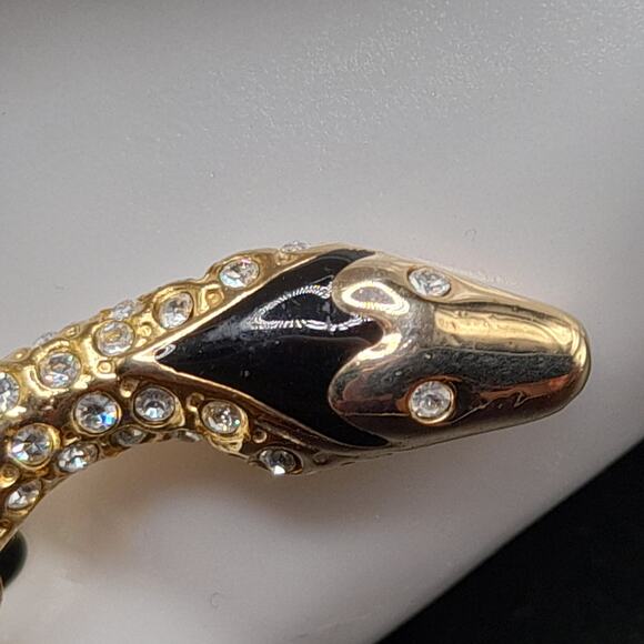 Vintage Snake Brooch, Black Enamel, Clear Rhinestones, 80s Jewelry - Picture 5 of 11